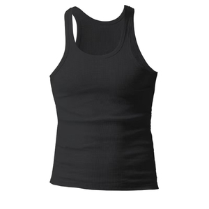 Camiseta sin mangas negra acanalada transpirable para hombre, cuello redondo, informal, de punto, color liso, con logo frontal - Product Image 1