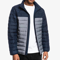 Veste matelassée respirante pour homme, bleu marine, avec blocs de couleur, broderie, col montant, fermeture éclair, coupe-vent, manteau d'hiver décontracté
