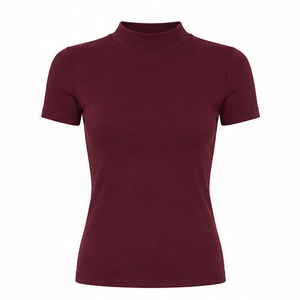 Camiseta de Manga Corta para Mujer, Color Borgoña, Cuello Redondo, Corte Moderno y Ajustado, Tejido de Punto Acanalado Suave, Jersey de Algodón, Personalizable - Product Image 1