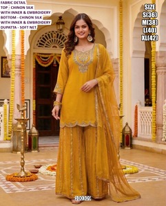 Traje Amarillo de Seda Chinon Bordado Bandhani, Largo hasta el Suelo, de Secado Rápido, para Mujer, Ideal para Bodas y Fiestas, para Todas las Temporadas - Product Image 1