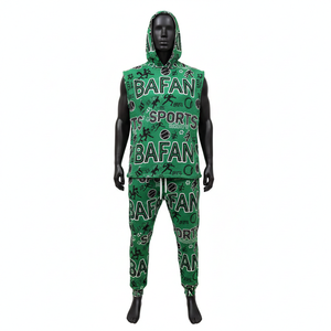 เสื้อกีฬาแขนกุดและกางเกงขายาวสำหรับผู้ชาย พรีเมียม 240 GSM ผ้าฝ้ายผสมโพลีเอสเตอร์ สีเขียว พิมพ์ลายกราฟิก พร้อมโลโก้สั่งทำ ชุด 2 ชิ้น - Product Image 6