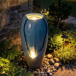 Fontana d'acqua da esterno in resina con effetto vaso screpolato e illuminazione LED, 16x32 pollici, per patio - Product Image 1