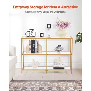 Mesa Consola Moderna de 3 Niveles con Patas de Hierro, Tapa Rectangular de Vidrio Templado, Mesa Auxiliar Dorada para Sofá y Escritorio - Product Image 2