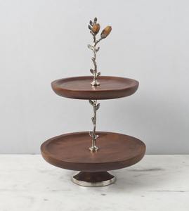 Soporte de pastel de madera de 2 niveles con base de metal plateado con diseño de hoja de roble, bandeja de servir escalonada, soporte decorativo para pastel para fiestas de té y decoración del hogar. - Product Image 2