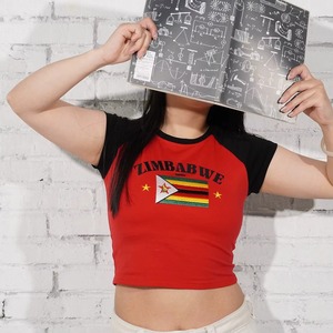 Women's Summer Short-Sleeved T-Shirt with Customized Embroidery Y2K Print Pattern Slim Fit Color Block Raglan Crop <b>Top</b> for Girls - Product Image 4