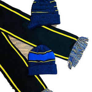 Écharpe longue en tricot jacquard personnalisée Sigma Sorority, rayée bleu marine et or, unisexe, en acrylique premium, avec franges, chaude pour l'hiver - Product Image 4