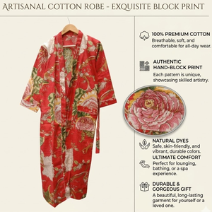 Robe Kimono en Coton Rouge à Motifs Floraux - Peignoir Long Imprimé à la Main - Vêtement de Nuit Bohème à Col en V - Kaftan Longue Épaisseur - Product Image 5
