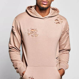 Sudadera con Capucha Beige para Hombre, Estilo Desgastado, Corte Holgado, Felpa Francesa de Algodón, Informal, para Otoño, con Bolsillos - Product Image 4