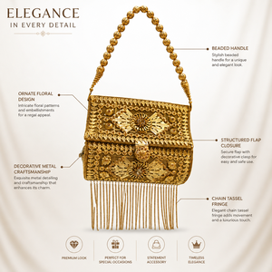 Luxury Iron <b>Clutch</b> Bag for Women Vintage Evening Party <b>Wedding</b> Handbag with Pearl Beaded Handle Chain Tassel & Floral Design - Product Image 6