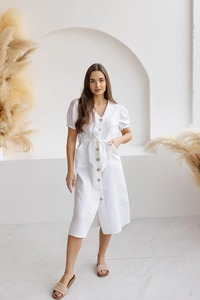 Robe longue boutonnée 100 % coton et lin pour femme, col en V, manches courtes, ceinturée, style vintage, respirante, écologique, décontractée, été, vente en gros - Product Image 5