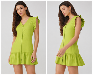 Sustainable Bohemian Mini Modal Cotton <b>Dress</b> Breathable Soft <b>Ruffle</b> Hem V-Neck Button-Up Summer <b>Dress</b> - Product Image 1