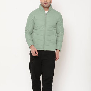 Men's Light Green Stand Collar Puffer Jacket Windproof Polyester Wadding Casual Autumn <b>Coat</b> <b>Zipper</b> Closure Slim Fit - Product Image 3
