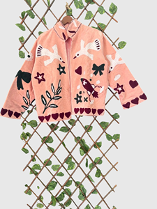 Veste matelassée rose brodée à la main avec des oiseaux et des fleurs, col mandarin, manches longues, vêtement d'automne pour femmes - Product Image 1
