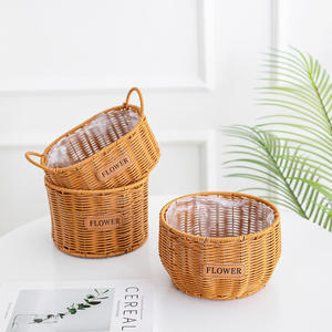 Modern Portable Decorative Storage <b>Basket</b> Flower Pot in Faux Rattan Made of Woven <b>Plastic</b> Double Handles Eco-Friendly Home Decor - Product Image 4