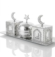 Boîte à dattes en forme de mosquée, bol à bonbons doré en forme de dôme avec plateau de service en métal martelé en forme de croissant de lune, centre de table islamique pour le Ramadan