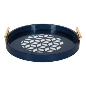 Navy Blue <b>Rectangle</b> Minimalist Decorative Serving Tray with Geometric Pattern Gold Handles Metal Home Decor - Product Image 4