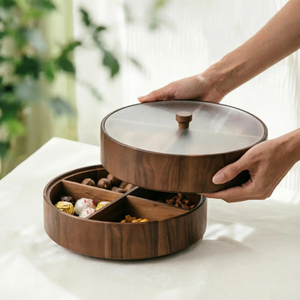 Plateau de service rectangulaire en bois avec couvercle, 4 compartiments pour noix et fruits secs, design minimaliste, couleur unie, vaisselle et assiettes - Product Image 2
