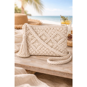 Womens Handmade Macrame Crossbody Sling Bag Natural Cotton Woven Bohemian <b>Beach</b> Purse Stylish Fashion <b>Accessory</b> - Product Image 1