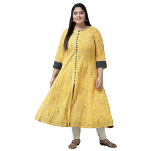 Kurta Anarkali en coton à rayures jaunes, taille plus, col rond, manches trois quarts, vente en gros, vêtements d'été pour femmes - Product Image 1