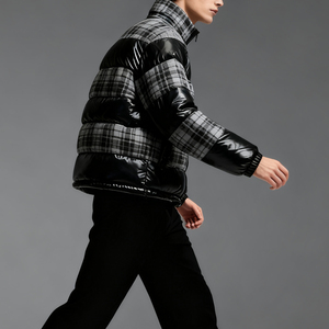 Fabricant de vestes d'hiver matelassées personnalisées, noir brillant et gris à carreaux, vêtements d'extérieur chauds pour hommes, fermeture éclair intégrale, col montant, manteau rembourré en duvet - Product Image 3