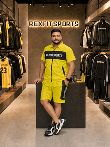 ชุดวอร์มไนลอนสีเหลืองดำแบบกำหนดเองสำหรับผู้ชาย REXFIT SPORTS 2026 ชุด 2 ชิ้น เสื้อแจ็คเก็ตแขนสั้นมีซิป กางเกงขาสั้น ชุดกีฬา ผู้ผลิต - Product Image 5