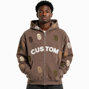100% Unisex Heavy Fleece Full <b>Zip</b> <b>Up</b> Hoodie Custom Logo All Over Puff Print Multi Monogram Patch Drop Shoulder Streetwear <b>Jacket</b> - Product Image 3