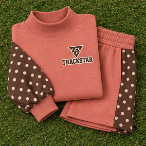 Women's Coral Polka Sleeve Mock Neck 2-Piece <b>Shorts</b> <b>Set</b> Custom Casual Sportswear - Product Image 6