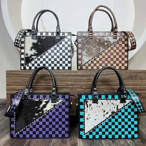 Bolsos de Hombro de Cuero a Cuadros Hechos a Mano, Bolsos de Viaje Grandes de Estilo Occidental, Bolsos de Mano de Cuero Vacuno de Gran Capacidad para Mujer - Product Image 5