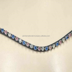 Bande de front de cheval en cuir véritable en forme de vague profonde personnalisée avec des cristaux ronds de marque multicolores strass chaîne bling - Product Image 1