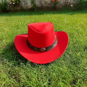 Premium Quality Custom Handmade <b>Red</b> Leather <b>Cowboy</b> <b>Hat</b> Western Outback Festival Steampunk Costume Party Wear - Product Image 6