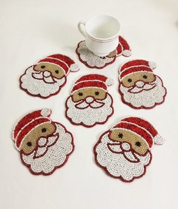 Handmade Beaded Santa Claus Coasters Christmas <b>Table</b> Mats Decorative Drink Pads Red White Fabric Bohemian Design Eco-Friendly - Product Image 4