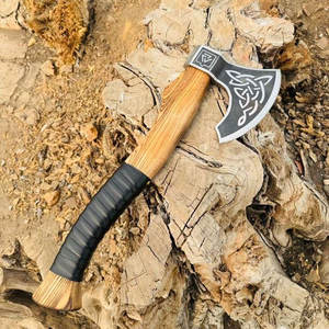 Scandinavian Industrial Grade Viking Axe Heritage Inspired Engravings Carbon Steel Blade Leather Grip <b>Wrap</b> Natural <b>Wood</b> Finish - Product Image 1