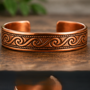 Brazalete Kada de Cobre Sólido Oxidado de Calibre Grueso con Patrón de Ondas Grabadas, Joyería Metálica Exquisita - Product Image 3