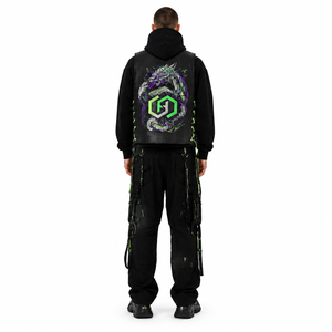 Chaleco de Motociclista Cyberpunk para Hombre, Cuero Vacuno Genuino de 1.0 mm, Poliéster Satinado, Detalles Neón Bordados a Mano, Cierre con Cinturón - Product Image 2