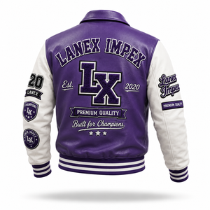 Custom Purple <b>White</b> Leather Varsity <b>Jacket</b> for <b>Men</b> Premium Letterman Bomber <b>Jacket</b> with Chenille Embroidered Patches OEM ODM - Product Image 3