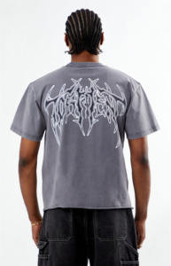 T-shirt en maille gris délavé à l'acide à manches courtes avec logo imprimé numériquement, coupe droite style Hip Hop, 100% coton, ourlet col roulé - Product Image 6