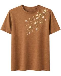 เสื้อยืดผู้หญิงสีน้ำตาลอูฐ ปักลายดอกไม้ ผ้าฝ้ายเนื้อนุ่ม คอกลม แขนสั้น สวมใส่สบาย เหมาะสำหรับฤดูร้อน น้ำหนักเบา - Product Image 1