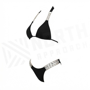 Ensemble de bikini noir à bretelles avec garniture en strass et bas string, maillot de bain pour femme - Product Image 3