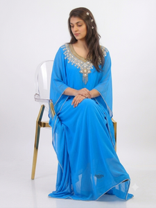 Women's Royal Blue <b>Chiffon</b> Polyester Floor-Length V-Neck Beaded Modest Elegant Evening Dress Long Sleeve A-Line <b>Jacket</b> Natural - Product Image 3
