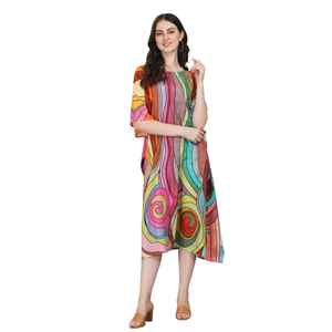 Vestido Corto Tipo Kaftán para Mujer – Estampado Étnico de Pavo Real en Amarillo y Verde, Túnica Holgada Festiva - Product Image 1