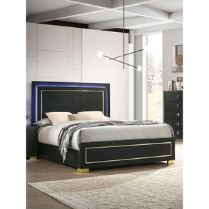 Queen Size <b>Bed</b> with LED W Black Wooden <b>Frame</b> and <b>Gold</b> Trim 1pc Up-Holstered Bedroom Furniture with Metal Bracket Legs - Product Image 3
