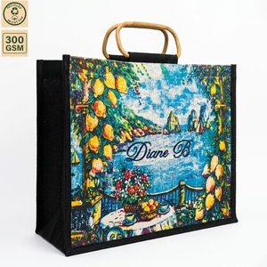 Laminated <b>Canvas</b> Jute Beach Tote Bag with Cane Handle Custom Print Reusable Shopper Wholesale OEM ODM Private Label B2B Supplier - Product Image 1