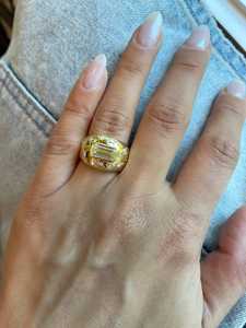 Dome Statement <b>Rings</b> 14K 18K Solid Gold Emerald Light Yellow Diamond Starburst Flush Set Lab Grown Heavy <b>Chunky</b> Cocktail Jewelry - Product Image 6