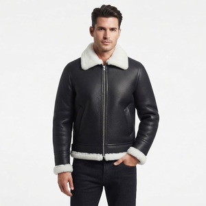 Veste en cuir pour homme avec logo personnalisé, en cuir d'agneau véritable, veste d'aviateur en cuir, col en fourrure noir et blanc, hiver - Product Image 3