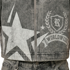 Chaqueta de Mezclilla Lavada 100% Algodón Personalizada para Hombre, Estampado Personalizado, Manga Corta, Cierre de Cremallera Frontal, Estilo Urbano, Verano, Otoño, Invierno - Product Image 5