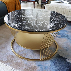 Table basse ronde de luxe en contreplaqué avec plateau en marbre noir et base en métal doré, table de salon moderne et contemporaine - Product Image 2