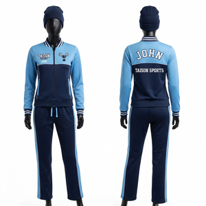 Survêtement de cheerleading haut de gamme en polyester tricoté 300 GSM, imperméable, respirant, avec doublure polaire et capuche, bleu marine avec empiècements contrastants - Product Image 1