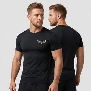 T-shirt Homme Slim Fit Noir à Manches Courtes Col Rond Sportif Uni en Jersey Tricoté Spandex/Polyester 180 Grammes Respirant Séchage Rapide - Product Image 3
