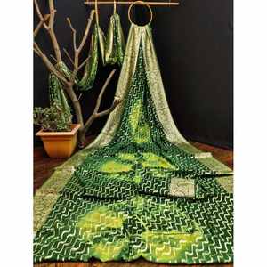 CRÉATEUR GEORGETTE ZARI Tissage SAREE AVEC BLOUSE INCOUSÉE VERT - Product Image 1