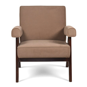 Sillón de terciopelo color topo de estilo moderno de mediados de siglo, con patas en V de madera maciza, sillón Chandigarh, sillón de diseño retro de lujo. - Product Image 4